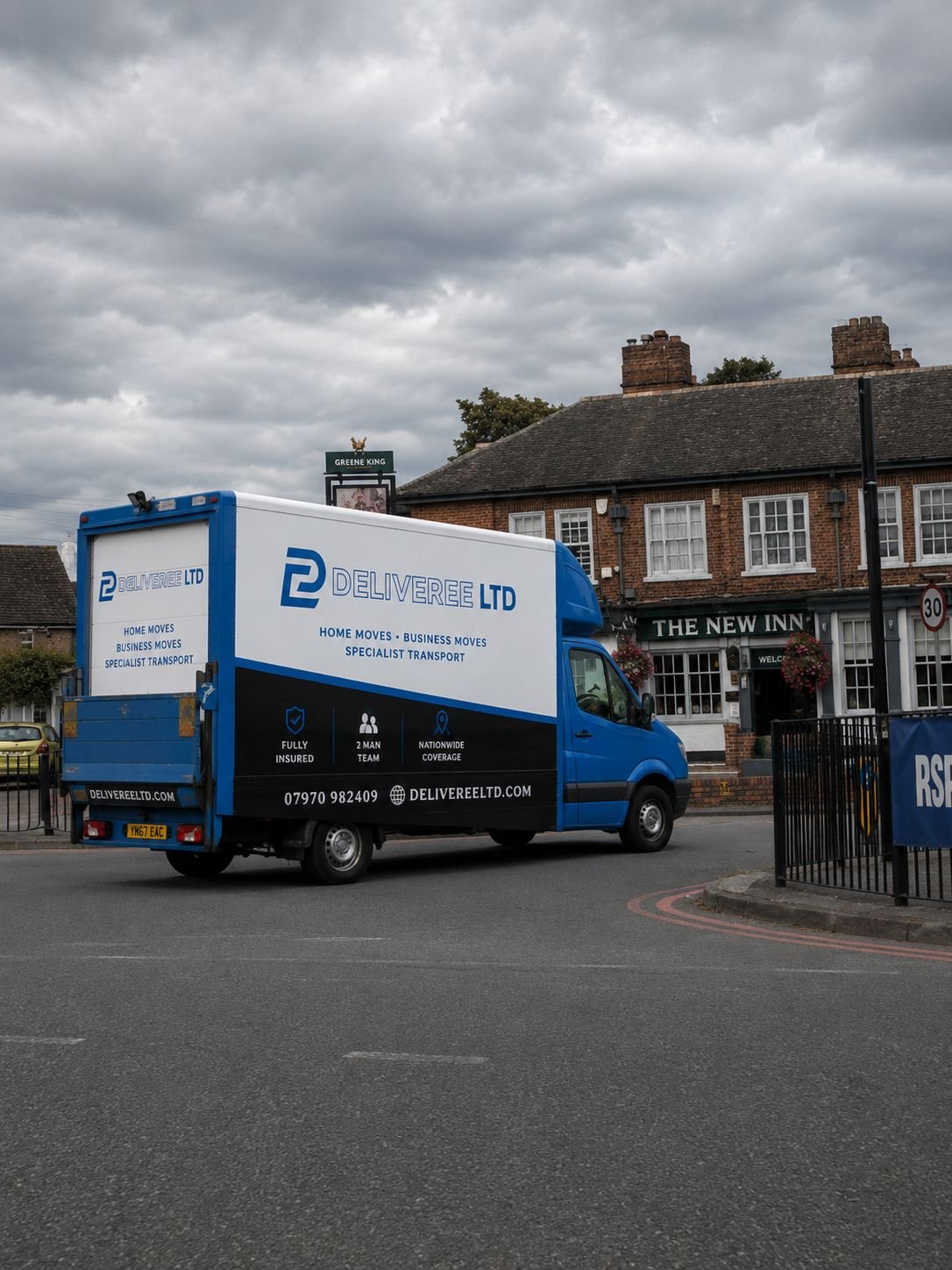 Deliveree Ltd branded removal van out on a job in a Kent village